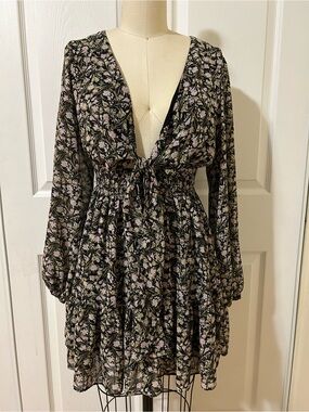 Gently Used Black Floral Tie-Front Dress